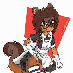 angry anthro arm_tuft blush blush_lines bottomwear brown_body brown_eyes brown_fur brown_hair clothed clothing clothing_grab clothing_lift crossdressing curled_tail curling_tail ears_back elbow_tuft embarrassed erection eyebrows eyelashes eyewear femboy fist flashing flashing_penis frown fur glasses gloves hair handwear head_tuft legwear long_hair long_tail looking_at_viewer maid_uniform male messy_hair multicolored_body multicolored_fur neck_tuft pattern_clothing pattern_legwear pattern_thigh_highs pink_nose pivoted_ears simple_background skirt skirt_lift solo stockings striped_clothing striped_legwear striped_thigh_highs stripes tail tail_tuft thigh_highs tuft uniform white_clothing white_gloves white_handwear wingsprite pla_(alottaplaplapla) mammal northern_olingo olingo procyonid 1:1 2025 digital_drawing_(artwork) digital_media_(artwork) dithering watermark