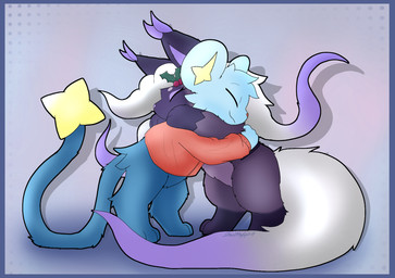blue_body blue_border blue_fur border clothed clothing duo female feral fur hair hug male simple_background tail stealthyspirit nintendo pokemon neve_(plattyneko) canid canine generation_4_pokemon generation_5_pokemon mammal pokemon_(species) shinx zorua digital_media_(artwork) hi_res