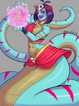 anthro apode armband black_hair blue_body bone breasts fangs female gold_(metal) gold_jewelry grey_background hair humanoid_hands jewelry legless looking_at_object markings navel neckwear non-mammal_breasts non-mammal_navel open_mouth pupils purple_mouth purple_tongue red_eyes red_markings serpentine simple_background skeleton skull_accessory slit_pupils smile solo teeth tongue katanasmirk mancy_(wonder-waffle) draconcopode naga reptile scalie snake viper 2025 3:4 digital_drawing_(artwork) digital_media_(artwork) english_description hi_res