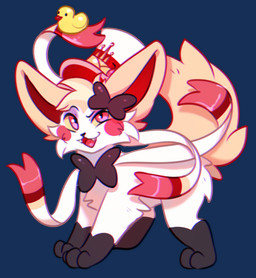 ambiguous_gender black_nose bow_tie cheek_tuft clothing facial_tuft fangs feral fur glistening glistening_eyes hat headgear headwear leg_markings leg_tuft looking_at_viewer markings open_mouth open_smile orange_body orange_fur pink_eyes red_tongue side_view smile socks_(marking) solo teeth tongue tuft white_body white_fur bloominglynx hazbin_hotel hellaverse nintendo pokemon lucifer_(hazbin_hotel) eeveelution generation_6_pokemon pokemon_(species) sylveon alpha_channel