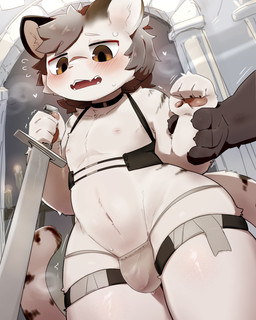 4_fingers ambiguous_gender anthro biped black_choker black_jewelry black_necklace blush blush_lines bodily_fluids bulge candle choker claws clothed clothed_anthro clothed_male clothing detailed_bulge disembodied_hand duo eyebrow_through_hair eyebrows facial_scar fangs fingers flying_sweatdrops fur glistening glistening_eyes grey_clothing grey_hair grey_underwear hair hand_grab heart_symbol holding_melee_weapon holding_object holding_sword holding_weapon jewelry legband legs_together looking_down male male_anthro male_focus markings melee_weapon multicolored_hair navel necklace nipples nose_scar open_mouth orange_eyes pawpads paws pink_pawpads scar shaking small_nose solo_focus striped_body striped_fur striped_markings striped_tail stripes sweat sweatdrop sword tail tail_markings teeth thighband translucent translucent_hair tremble_spikes trembling two_tone_hair underwear weapon white_body white_eyebrows white_fur white_tail young young_anthro young_male kyameta ambiguous_species felid feline mammal 2025 4:5 absurd_res digital_media_(artwork) hi_res