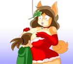 anthro bell big_breasts breasts brown_hair christmas_clothing clothing duo face_in_breasts faceless_character faceless_male female fur hair hand_on_breast handwear holidays jingle_bell male male/female manbun mistletoe motorboating open_mouth plant shocked simple_background standing tail tan_body tan_fur white_background wide_hips thomi1513 christmas june_(jinu) canid canine canis domestic_dog human mammal shiba_inu spitz 2019 absurd_res hi_res