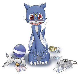 ambiguous_gender ball blue_body blue_skin blush camera clean_diaper clothed clothing covering covering_diaper covering_self diaper embarrassed fangs looking_at_viewer open_mouth pacifier photo plushie red_eyes simple_background solo standing teeth wearing_diaper white_background the_padded_room bandai_namco digimon digimon_(species) gatomon veemon 2010