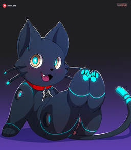 anus black_body black_nose blush clitoris collar cute_fangs fangs female feral genitals glowing glowing_eyes glowing_markings glowing_pawpads looking_at_viewer lying machine markings on_back open_mouth open_smile patreon_logo pawpads paws pink_anus pink_vulva red_collar shadow smile solo teeth text tongue vulva whiskers yellow_eyes sarox hi-fi_rush microsoft patreon tango_gameworks 808_(hi-fi_rush) domestic_cat felid feline felis mammal robot robot_feral 2023 artist_name digital_media_(artwork) hi_res watermark