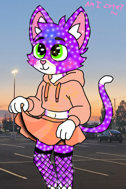 :3 anthro belly bottomwear car clothed clothing clothing_lift cosmic_fur crop_top cropped_hoodie cross_eyes dipstick_tail feet femboy fishnet_clothing fur glowing green_eyes heart_nose heart_symbol hood_down hoodie inner_ear_fluff legwear male markings midriff navel parking_lot pink_bottomwear pink_clothing pink_hoodie pink_nose pink_skirt pink_topwear plant power_lines purple_body purple_fur raised_tail shirt skirt skirt_lift solo street sunset sunset_background tail tail_markings thigh_highs topwear tree tuft vehicle white_belly white_feet white_hands white_inner_ear_fluff white_tail_tip gold_mine0 nova_(gold_mine0) domestic_cat felid feline felis mammal 2:3 hi_res