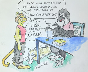 anthro autism beak clothed clothing dialogue duo feathers female fur hair male red_panther shirt simple_background smile tail text topwear kaccvcate avian bird cougar felid feline felis mammal oscine pantherine passerine thrush_(bird) colored comic english_text hi_res painting_(artwork) traditional_media_(artwork) watercolor_(artwork) trans_(lore)