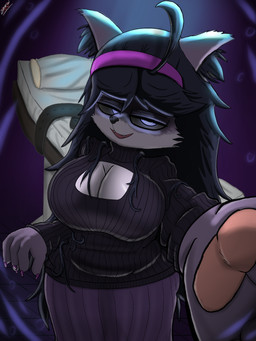 accessory ahoge anthro bed bedroom_eyes big_breasts breasts cleavage_cutout clothing cutout dark_hair duo fangs female first_person_view floor fur furniture glowing glowing_eyes hair hair_accessory hairband hospital_bed inner_ear_fluff kemono long_hair looking_at_viewer messy_hair multicolored_body multicolored_fur narrowed_eyes pawpads paws purple_background purple_body purple_clothing purple_eyes purple_fur seductive shortstack simple_background slightly_chubby slightly_chubby_female smile smiling_at_viewer spiral spiral_eyes sweater teeth tile tile_floor topwear tuft turtleneck two_tone_body two_tone_fur drow462 nintendo pokemon hex_maniac hex_nyaniac_(word360) domestic_cat felid feline felis mammal 3:4 hi_res