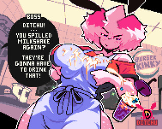 anthro apron beverage big_breasts black_ears black_speech_bubble breasts clothed clothed_anthro clothed_female clothing dialogue drinking_straw ellipsis exclamation_point female female_anthro freckled_legs freckled_thighs freckles fur hair inside logo looking_at_viewer milkshake name_drop name_in_dialogue narrowed_eyes offscreen_character outline pink_body pink_fur pink_hair purple_eyes question_mark solo speech_bubble spilled_drink text thick_thighs white_apron white_clothing white_outline wide_hipped_anthro wide_hipped_female wide_hips ditchu burger_king coca-cola ditchu_(ditchu) lagomorph leporid mammal rabbit 2025 artist_logo artist_name digital_media_(artwork) english_text hi_res pixel_(artwork)