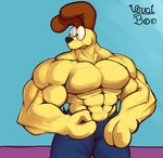 2021 abs anthro biceps big_muscles big_pecs blue_background bottomwear brown_body brown_fur canid canine canis clothed clothing colored denim denim_bottomwear denim_clothing digital_drawing_(artwork) digital_media_(artwork) domestic_dog flexing fur garfield_(series) hi_res jeans looking_away male mammal muscular muscular_anthro muscular_male odie_the_dog pants pecs purple_background shaded signature simple_background solo topless unusualboo54 yellow_body yellow_fur