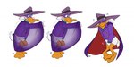 anthro beak cape clothed clothing desperation full_bladder hat headgear headwear holding_crotch male omorashi potty_dance purple_clothing simple_background solo white_background bibarel_rei darkwing_duck disney ducktales drake_mallard anatid anseriform avian bird duck 2020 digital_media_(artwork)