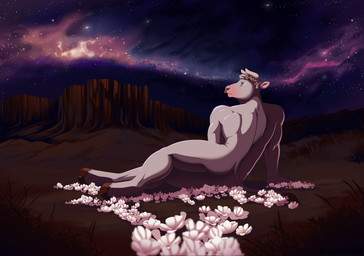 anthro butt cloven_hooves desert facial_piercing flower fur grass grey_body grey_fur hooves horn leaning_on_arm looking_away lying male muscular muscular_male night nose_piercing nose_ring nude on_side outside piercing pink_nose plant pose rear_view ring_piercing sky solo shiuk european_mythology greek_mythology minotaur_hotel mythology asterion_(minotaur_hotel) bovid bovine cattle mammal minotaur 2022 hi_res