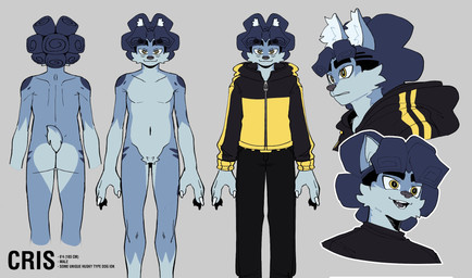 anthro blue_body blue_fur blue_hair bottomwear butt cheek_tuft clothing dreadlocks facial_tuft fangs featureless_crotch fur grey_background hair half-closed_eyes hoodie male narrowed_eyes open_mouth open_smile pants simple_background smile solo sweatpants teeth text topwear tuft wide_eyed evilcrispicular crispy_(evilcrispicular) canid canine canis domestic_dog mammal english_text hi_res model_sheet