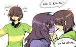 anthro blush clothed clothing duo embarrassed female hair heart_symbol male simple_background smile text chokaso deltarune undertale_(series) kris_(deltarune) susie_(deltarune) human mammal reptile scalie 2019 digital_media_(artwork) hi_res