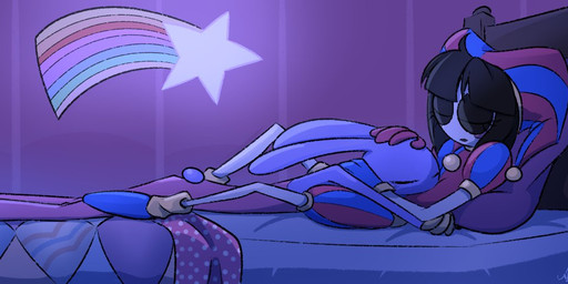 anthro bed bedroom blush blush_lines comforting duo eyes_closed female furniture hand_on_head headpat hug larger_male male night size_difference sleeping smaller_female star_symbol sticker screaming_alice glitch_productions the_amazing_digital_circus jax_(tadc) pomni_(tadc) humanoid lagomorph leporid mammal rabbit 3:1
