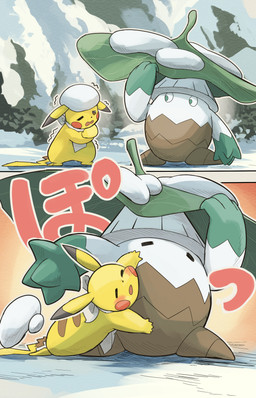 anthro blush brown_eyes cold duo eyes_closed green_eyes hug leaf looking_at_another male markings one_eye_closed semi-anthro shaking snow striped_markings stripes tail text trembling yellow_body hakkentai_pkdn nintendo pokemon pokemon_mystery_dungeon spike_chunsoft comix generation_1_pokemon generation_4_pokemon pikachu pokemon_(species) snover 2025 absurd_res hi_res japanese_text