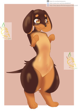 ambiguous_gender anthro flat_chested on_hind_legs orange_eyes paws smile solo text thick_thighs bamangojuice canid canine canis domestic_dog mammal absurd_res hi_res tagme url