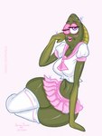 anthro asian_clothing bedroom_eyes blush bottomwear breasts cleavage clothed clothing crossgender cursed_image east_asian_clothing female fin green_body green_skin hand_on_face japanese_clothing japanese_school_uniform leggings legwear lips looking_at_viewer mtf_crossgender narrowed_eyes one_eye_closed pink_background pink_bottomwear pink_clothing pink_eyelids pink_lips pink_skirt pink_text purple_eyes school_uniform seductive serafuku simple_background skirt small_waist solo text thick_thighs uniform what what_has_art_done where_is_your_god_now white_clothing white_leggings white_legwear why wink amandadarko nickelodeon spongebob_squarepants fred_(spongebob) fish marine 2020 signature male_(lore)