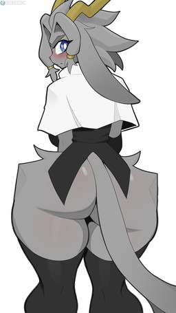 anthro antlers big_butt blue_eyes blush bottomless butt clothed clothing female fur grey_body grey_fur grey_hair hair horn huge_butt legwear long_ears partially_clothed rear_view solo thick_thighs thigh_highs topwear wide_hips cooliehigh pseudoregalia sybil_(pseudoregalia) bovid caprine goat hybrid jackalope lagomorph mammal 2024 absurd_res hi_res