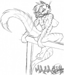 anthro breasts butt butt_pose fangs feet female fence fur looking_at_viewer looking_back nipples nude on_fence pose raised_tail rear_view sabertooth_(anatomy) solo stretching tail teeth whiskers malachi felid mammal mustelid otter prehistoric_species saber-toothed_tiger monochrome sketch