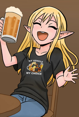 alcohol beer beer_mug beverage black_clothing black_shirt black_t-shirt black_topwear blonde_hair bottomwear brown_background car_keys chair clothing denim denim_bottomwear denim_clothing drunk eyebrows eyeliner eyes_closed female furniture hair humanoid_pointy_ears jeans long_hair makeup meme_shirt not_furry on_chair open_mouth pants pointy_ears shirt simple_background sitting sitting_on_chair solo substance_intoxication t-shirt table teeth topwear whiskey white_body white_skin oranyaa jack_daniel's lori_(oranyaa) elf humanoid 2025 digital_drawing_(artwork) digital_media_(artwork) preview