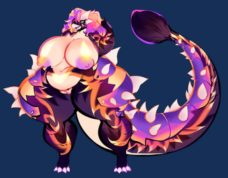 anthro armor beak big_breasts big_tail black_body black_scales blonde_hair blue_eyes breasts clubbed_tail female genitals gesture hair hand_gesture head_spikes long_hair markings multicolored_hair navel neon_nipples nipples non-mammal_breasts non-mammal_navel non-mammal_nipples nude nude_anthro nude_female open_mouth orange_markings pink_hair plate_armor purple_armor scale_markings scales slightly_chubby smile solo spiked_armor spiked_tail spikes spikes_(anatomy) tail tan_body tan_scales thick_thighs thumbs_up tongue vulva weapon_tail b33rka fan_character ankylosaurian ankylosaurid ankylosaurus dinosaur ornithischian prehistoric_species reptile scalie thyreophoran hi_res story story_in_description