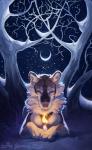 black_body black_fur breasts candle countershading crescent_moon detailed_background eyes_closed featureless_breasts female fire forest fur lying moon night outside paws plant snow solo star tree white_body white_countershading aspeneyes winter_solstice canid canine canis mammal wolf 2015 blue_theme portrait