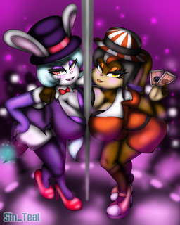 anthro big_breasts blush breasts bunny_costume card clothed clothing costume duo eyeshadow female footwear fur hair hat headgear headwear high_heels leggings legwear lipstick looking_at_viewer makeup shoes smile tail wand sin_teal penny_tera hare lagomorph leporid mammal rabbit 4:5 digital_media_(artwork) hi_res