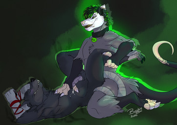 anal anal_penetration animal_genitalia anthro black_body black_fur bodily_fluids cigarette claws collar cum duo ejaculation eyes_closed fur genital_fluids genitals green_background green_eyes green_glow green_hair grey_body grey_fur hair lying male male/male male_penetrated male_penetrating male_penetrating_male nude on_back penetration penis purple_penis sex sharp_teeth sheath simple_background smoke tail tail_around_leg teeth toe_claws white_body white_claws white_fur year booshie delph tyde american_opossum ghost mammal marsupial murid murine rat rodent spirit 2016 dated digital_drawing_(artwork) digital_media_(artwork) shaded signature