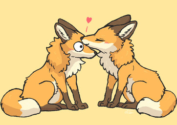 ambiguous_gender blush brown_body brown_fur countershading dipstick_tail duo eyes_closed feral fur gloves_(marking) heart_symbol kissing leg_markings markings multicolored_body multicolored_fur multicolored_tail orange_body orange_fur simple_background sitting socks_(marking) tail tail_markings tuft white_body white_fur yellow_background fusau canid canine fox mammal red_fox true_fox 2025 hi_res