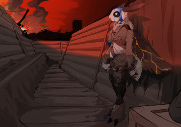 4_arms anthro blood blue_blood bodily_fluids clothed clothing colored_blood fire gore male missing_arm multi_arm multi_limb smoke solo sunset trench_warfare uniform unusual_blood unusual_bodily_fluids wings chalk_outline floof_(binaryfloof) arthropod insect lepidopteran moth hi_res