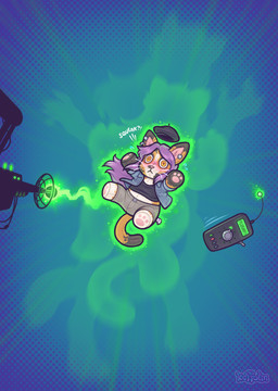 anthro blue_background bottomwear clothing controller female gun hair hat headgear headwear inanimate_transformation pawpads pink_hair plushie plushie_transformation ranged_weapon remote_control seam_(sewing) shirt shorts shrinking simple_background size_transformation solo surprised tail topwear transformation vest weapon whiskers keffotin felid mammal 2026 hi_res