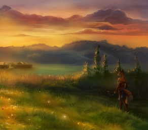 anthro axe bare_back biped clothed clothing day detailed_background fluffy fluffy_tail fur grass hatchet male melee_weapon orange_body orange_fur plant sky solo standing tail topless weapon akineza canid canine fox mammal hi_res