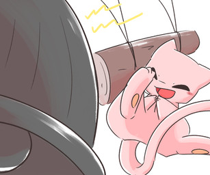 3_fingers 3_toes ambiguous_gender bell eyes_closed feet feral fingers happy kick log monotone_body open_mouth open_smile pink_body simple_background smile solo tail toes tongue white_background wood chaba nintendo pokemon generation_1_pokemon legendary_pokemon mew_(pokemon) pokemon_(species) 6:5