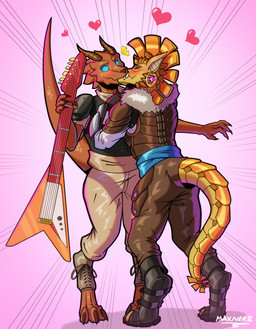 anthro armor bard clothed clothing cuirass digitigrade duo ear_piercing ear_ring gauntlets gloves guitar handwear heart_symbol holding_guitar holding_musical_instrument holding_object horn leather leather_armor male male/male male_anthro musical_instrument piercing plated_scales plucked_string_instrument ring_piercing shoulder_pads standing string_instrument surprise_kiss surprised maxner12 dungeons_and_dragons hasbro wizards_of_the_coast kobold scalie absurd_res hi_res