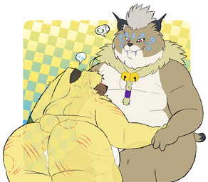 after_anal after_sex ahoge anthro belly big_butt bite_mark blush bodily_fluids brown_body brown_fur butt cum cum_drip cum_in_ass cum_inside dripping duo erection facial_markings foreskin fur genital_fluids genitals hair hair_over_eyes head_markings male male/male markings overweight penis requesting rough_sex scratch_mark scratches sex sex_request yellow_body yellow_fur butternutworm bandai_namco digimon angoramon cougarmon digimon_(species) hi_res