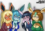 anthro anthrofied big_breasts blue_body blue_eyes blush breasts clothed clothing eyewear female fur group hair looking_at_viewer open_mouth pokemorph simple_background smile sin_teal nintendo pokemon aelia_(sin_cyan06) ivanna_(sin_cyan06) neelu_(sin_cyan06) rubina_(sin_cyan06) canid canine eeveelution espeon flareon fox generation_1_pokemon generation_2_pokemon generation_4_pokemon glaceon leafeon mammal pokemon_(species) digital_media_(artwork) hi_res