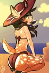 beach big_hat bikini clothed clothing cloud dappled_fur eyewear eyewear_on_head female fluffy fluffy_tail green_eyes hooves outside seaside sky solo sunglasses sunglasses_on_head swimwear tail two-piece_swimsuit water punkcroc treesong animal_humanoid cervine cervine_humanoid deer deer_humanoid dryad humanoid mammal mammal_humanoid hi_res