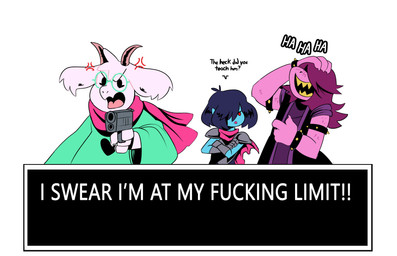 angry anthro armband armor bangs bracelet cloak clothed clothing cross-popping_vein dialogue dialogue_box eyewear female fur glasses group gun hair holding_gun holding_object holding_ranged_weapon holding_weapon horn humor jewelry laugh long_hair male open_mouth open_smile profanity ranged_weapon scarf shirt simple_background smile spiked_armband spiked_bracelet spikes teeth text tongue topwear trio tuft weapon white_background white_body white_fur thegreyzen deltarune ralsei_with_a_gun undertale_(series) kris_dreemurr ralsei susie_(deltarune) bovid caprine darkner goat human mammal reptile scalie 2021 english_text hi_res meme reaction_image