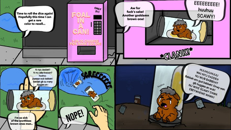 >_< abandoned abuse ambiguous_gender ambiguous_human animal_abuse baby_talk bodily_fluids brown_body brown_fur container crying dialogue dirt duo eyes_closed feral fur genital_fluids grass grey_hair grey_tail hair holding_object light_body light_skin mostly_offscreen_character outside plant profanity sitting tail tears text throwing throwing_object toony trash urine vending_machine water young young_ambiguous young_feral roadkill_(fc) fluffy_pony fluffy_pony_(species) human mammal 2025 comic digital_media_(artwork) english_text one_page_comic