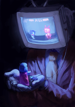 ambiguous_gender ambiguous_human cape clothing duo electronics for_a_head gameplay_mechanics macro not_furry painterly screen screen_face sitting television wizard0rb deltarune undertale_(series) kris_dreemurr tenna_(deltarune) darkner human humanoid mammal object_head screen_head tv_head 2025 absurd_res hi_res