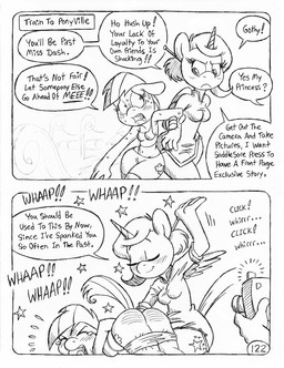 anthro back_wings begging blush blush_lines bodily_fluids bottomwear breasts butt butt_slap camera camera_flash clothed clothed_anthro clothed_female clothing corporal_punishment crop_top crying cutie_mark dialogue dominant dominant_anthro dominant_female female fully_clothed fully_clothed_anthro fully_clothed_female group horn humiliation nervous nervous_sweat obscured_face otk over_the_knee pain partially_clothed_anthro partially_clothed_female princess pulled_down_shorts punishment royalty shirt shorts slap smile spandex spandex_shorts spank_marks spanking spanking_as_punishment speech_bubble submissive submissive_anthro submissive_female sweat sweaty_arms sweaty_face taking_picture tall_female tears tears_of_pain teary_eyes text text_box tight_bottomwear tight_clothing tight_shorts topwear train trio unicorn_horn vehicle wings circe_(artist) friendship_is_magic hasbro my_little_pony mythology fan_character gothy_moon_(circe) princess_eaststern_(minalhan) rainbow_dash_(mlp) equid equine mammal mythological_creature mythological_equine pegasus unicorn winged_unicorn black_and_white comic english_text monochrome traditional_media_(artwork)