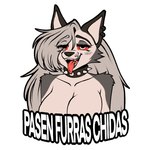 ahegao big_breasts breasts choker ear_piercing female jewelry looking_pleasured necklace piercing solo spikes text tongue tongue_out rakurawr helluva_boss loona_(helluva_boss) canid canine canis mammal wolf hi_res spanish_text translated