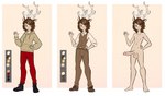 animal_ears antlers big_penis boots bottomwear brown_bottomwear brown_clothing brown_hair brown_pants brown_topwear brown_vest clothing erection footwear genitals hair hoodie horn male nipples nude pale_skin pants penis red_bottomwear red_clothing red_pants shoes slim solo topwear vest yellow_eyes silenceart33 asroyal_sagittarius deer humanoid mammal absurd_res digital_media_(artwork) hi_res model_sheet