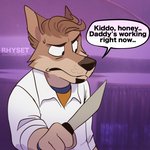 1:1 anthro brown_body brown_fur canid canine canis clothed clothing domestic_dog english_text facial_hair fur gradient_background holding_object holding_weapon knife male mammal melee_weapon purple_background rhyset shirt simple_background solo speech_bubble text topwear unavailable_at_source weapon