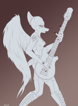 anthro arm_tattoo bone_frill boots bottomwear breasts brown_background claws clothed clothed_anthro clothed_female clothing crop_top elbow_feathers electric_guitar feathered_wings feathers female finger_claws fingers footwear frill_(anatomy) frown furgonomic_bottomwear furgonomics gradient_background guitar hair half-closed_eyes hand_tattoo holding_guitar holding_musical_instrument holding_object humanoid_hands knee_boots knee_highs legwear medium_breasts musical_instrument narrowed_eyes non-mammal_breasts pants plucked_string_instrument shirt shoes short_hair short_tail shoulder_tattoo side_view simple_background solo string_instrument stripes tail tattoo text topwear torn_bottomwear torn_clothing torn_pants wings louiss. cavemanon_studios goodbye_volcano_high ko_op_(game_developer) snoot_game fang_(gvh) prehistoric_species pterosaur reptile scalie artist_name hi_res portrait restricted_palette three-quarter_portrait