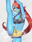 blue_body blue_skin bottomwear bra clothing female flexible hair holding_leg navel one_eye_obstructed one_leg_up ponytail raised_leg red_hair shorts solo splits sports_bra spread_legs spreading standing stretching underwear vertical_splits pugthe2ro undertale undertale_(series) undyne animal_humanoid fish fish_humanoid humanoid marine marine_humanoid 3:4 hi_res