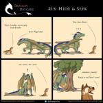 1:1 acaedus ambiguous_gender canid canine canis comic daww dragon duo english_text european_mythology feral hi_res hide_and_seek hiding humor mammal mythological_creature mythological_scalie mythology plant rimentus scalie size_difference tail text tree url walnut_(rimentus) western_dragon wolf
