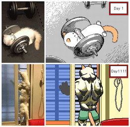 ambiguous_gender anthro bodily_fluids bottomwear clothed clothing comparison dumbbell exercise feral flying_sweatdrops fur male muscular muscular_male pink_nose rear_view shorts solo sweat sweatdrop tail tail_motion tailwag tan_body tan_ears tan_fur tan_tail text time_lapse topless topless_anthro topless_male weightlifting weights white_body white_fur window workout keke_(artist) domestic_cat felid feline felis mammal animated english_text frame_by_frame low_res meme photography_(artwork) reference_image