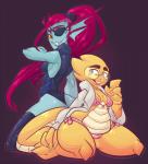 bikini blue_eyes breasts camel_toe clothing duo eye_patch eyewear female glasses hair nipple_outline non-mammal_breasts red_eyes red_hair smile swimwear two-piece_swimsuit yellow_sclera nerfocalypse undertale undertale_(series) alphys undyne animal_humanoid fish fish_humanoid humanoid marine marine_humanoid scalie