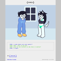 anthro black_hair bra bra_strap buckteeth bulge clothed clothed_female clothing comic_panel crop_top dialogue duo eyewear female footwear glasses gynomorph hair humor intersex lipstick long_hair makeup onesie pajamas panties shirt short_hair socks tail teeth text topwear underwear white_body ashleyorange homestuck ms_paint_adventures jade_harley june_egbert canid canine human humanoid hybrid mammal 1:1 animated animated_comic comic hi_res sibling_(lore) sister_(lore) sisters_(lore) trans_(lore) trans_woman_(lore)